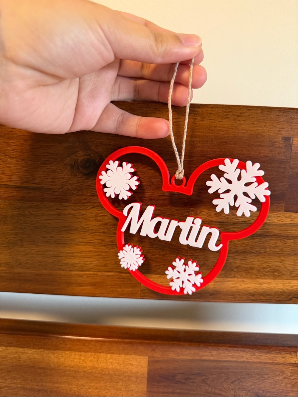 Personalized Red Snowflake Mickey Ornament - Custom Name Holiday Decoration